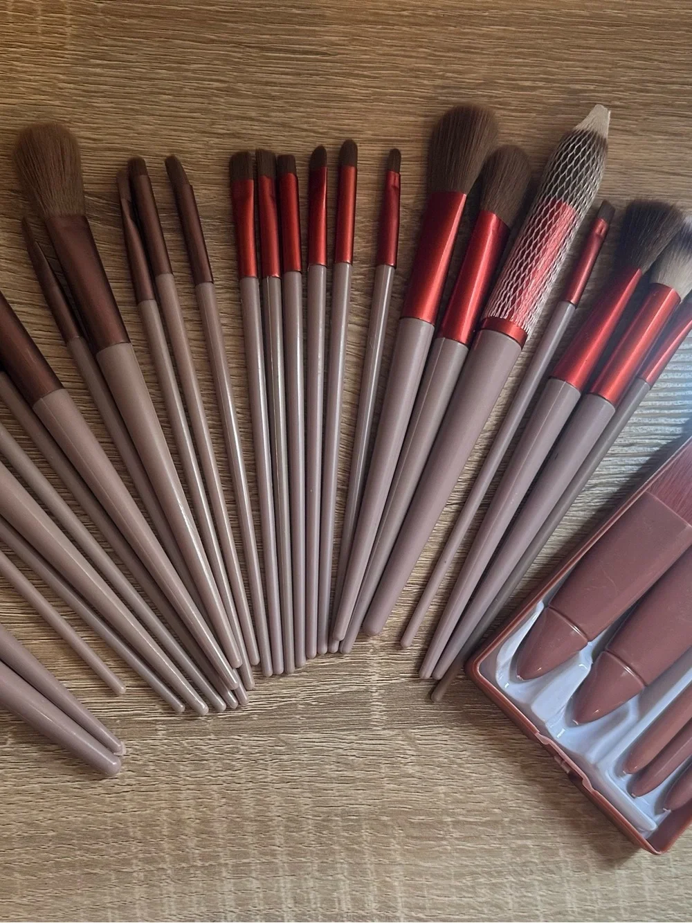 Neutral Taupe Makeup Brush Set with Red Ferrules